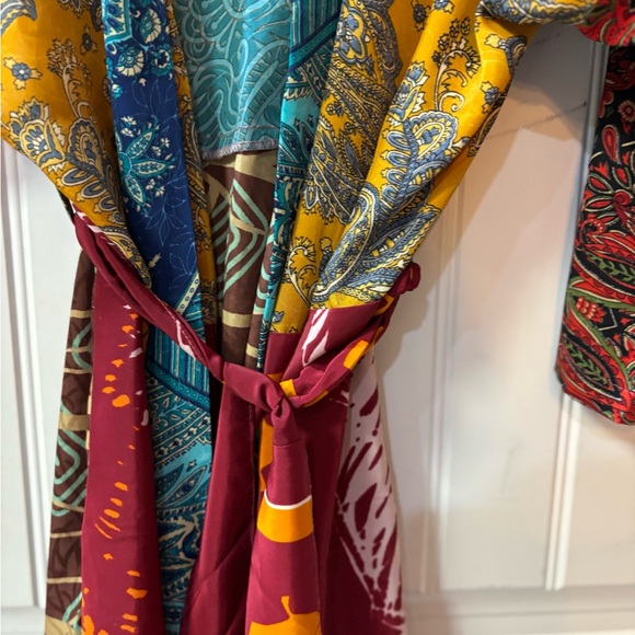 Multi-Pattern Kimono Robe in Teal, Mustard & Burgundy - Picture 3 of 10